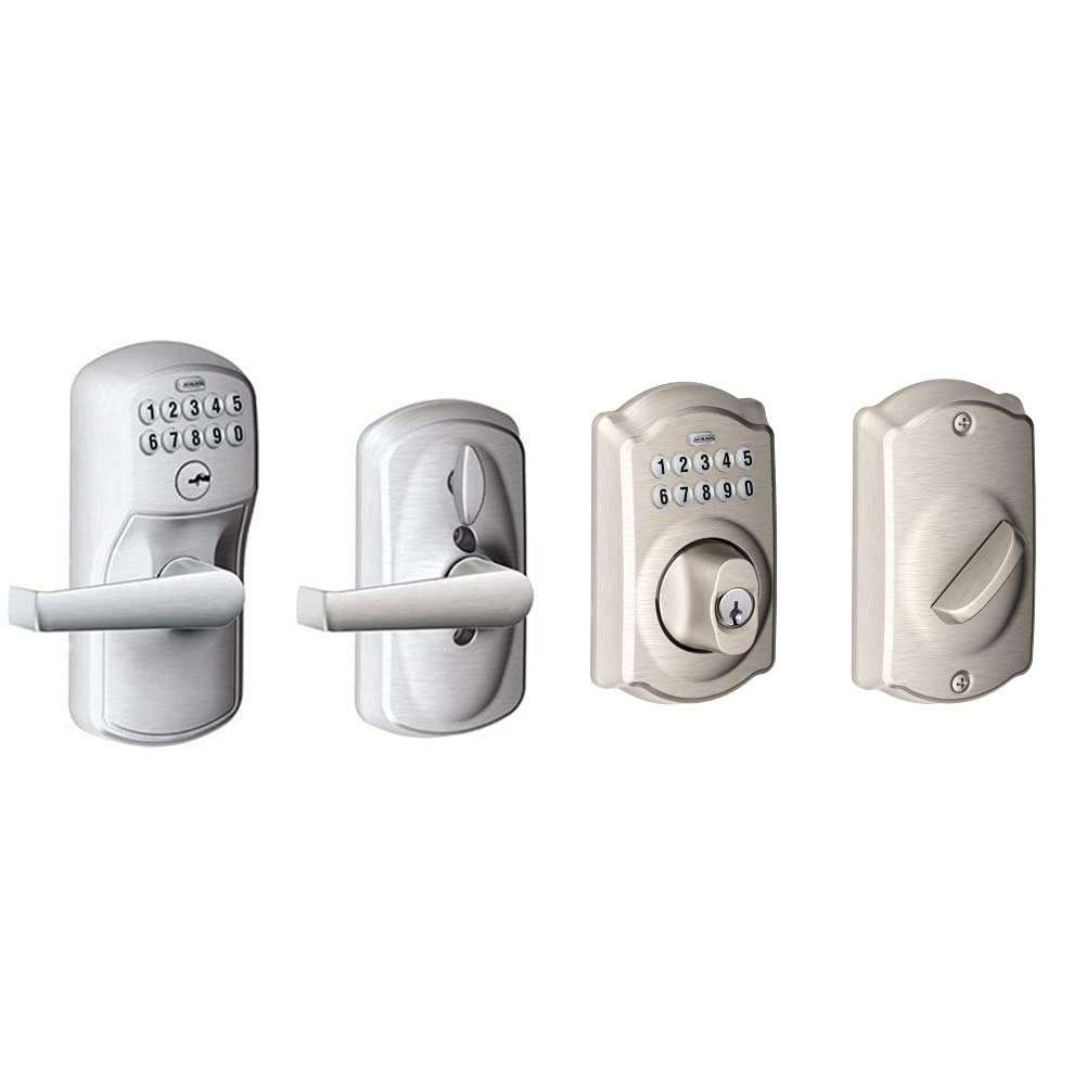 Schlage, Brushed Chrome FE595CS V PLY 626 ELA Plymouth Light Commercial Electronic Keypad Lock with Elan Lever & Schlage BE365CAM619 BE365 Camelot Keypad Deadbolt, Satin Nickel 1
