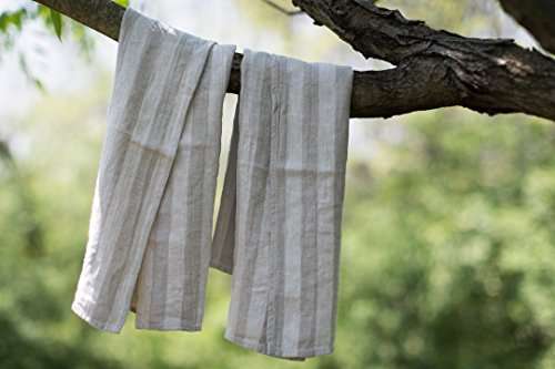 BLESS LINEN Jacquard Striped Pure Linen Hand Kitchen Towel 2-Pack, 16 x 30 Inches, Grey/White 2