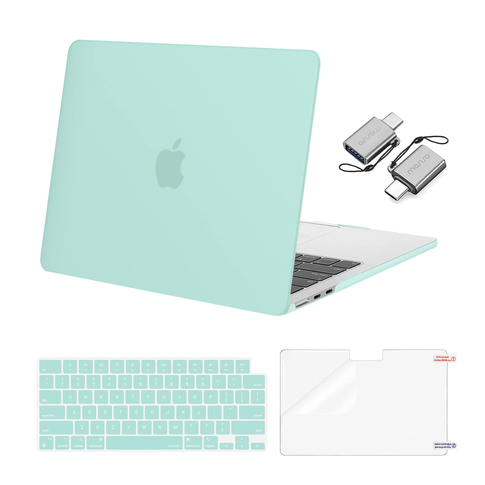 MOSISO Compatible with MacBook Air 13 inch Case 2024 2023 2022 M3 A3113 M2 A2681 Touch ID, Plastic Hard Shell&Keyboard Cover&Screen Film&Type C Adapter&Polyester Horizontal Bag, Mint Green 3