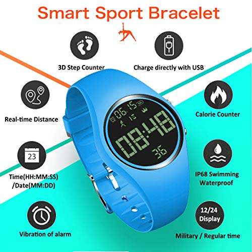 Simple Fitness Tracker [Swim Waterproof & No APP Need] Step Counter Walking 3D Non-Bluetooth Walking Pedometer Watch with Vibration Alarm Clock/Calorie Burned/Distance/Alarm/Stopwatch for Kid Blue 2