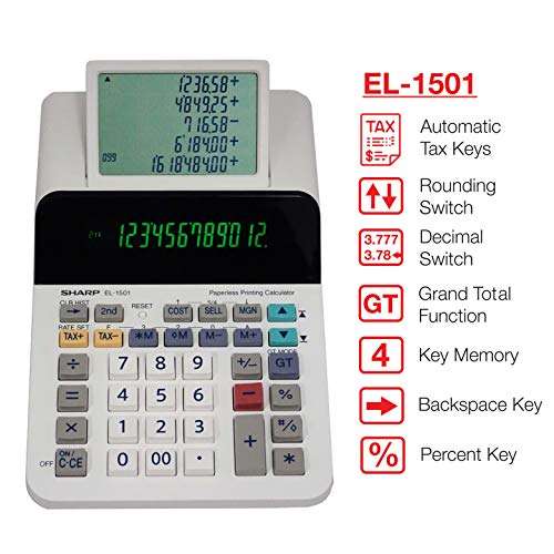 Sharp El-1501 Compact Cordless Paperless Large 12-Digit Display Desktop Printing Calculator That Utilizes Printing Calculator Logic 2