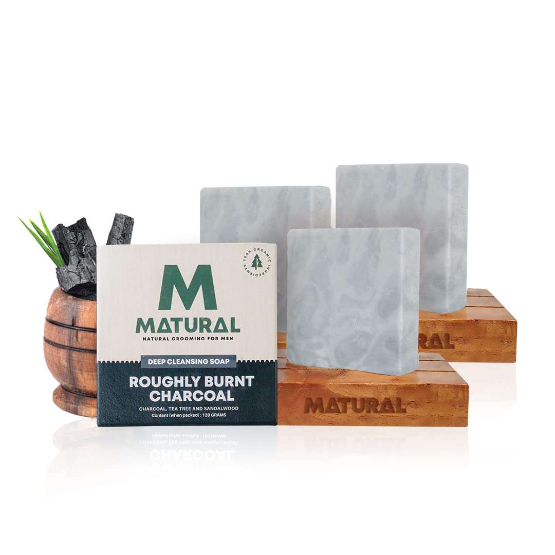 Matural All Natural Handmade Bar Soap For Men, Roughly Burnt Charcoal With Goodness Of Charcoal, Tea Tree And Sandalwood - 120 Gm (Pack Of 3) 1
