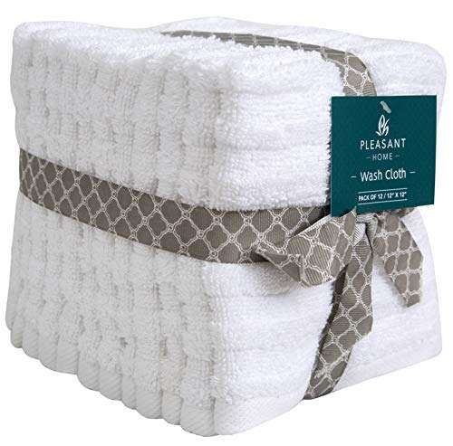 Pleasant Home Washcloths Set - (12” x 12”, 12 Pack) – 488 GSM- 100% Ring Spun Cotton Wash Cloth - Super Soft and Highly Absorbent Face Towels (White, Striped Design) 2
