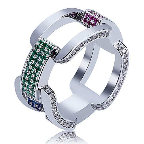 SHINY.U Men’s 14K Gold Plated Cluster Lab Diamond Eternity Band CZ Bling Square Anchor Link Ring Hip Hop (White Gold, 8)
