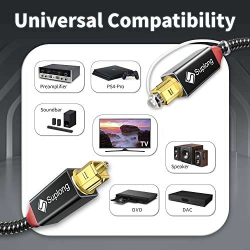 Suplong Optical Audio Cable 24K Gold-Plated Digital Optical Audio Toslink Cable for [S/PDIF] LG/Samsung/Sony/Philips Sound Bar, Smart TV, Home Theater, PS4, Xbox & PlayStation (10ft, Black) 4