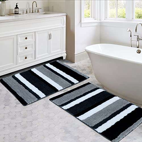 HARISONSLIVING Luxury Microfibre Super Soft (40x60 cm) & (50x80 cm) Striped 2000 GSM Bath Mat Super Absorbent Anti Skid Mats for Bathroom/ Bedroom/ Kitchen/ Door Mat/ Floor Mat (Black) Combo Pack of 2 1