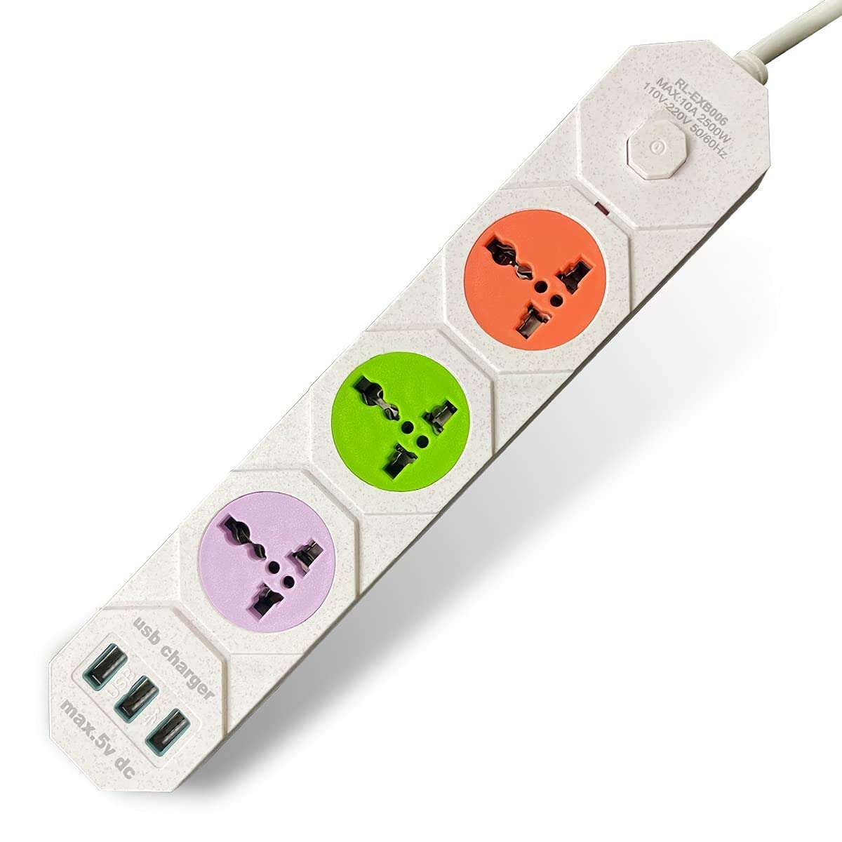 10A 3 -Way Extension Board Socket with 3 USB Socket 3 Socket Extension Boards (Multicolour) 1