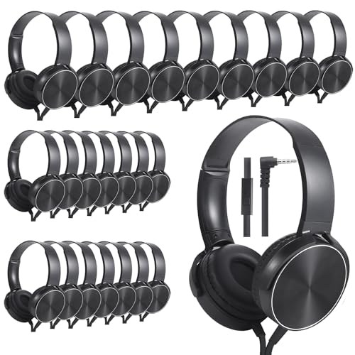 Wensdo Wholesale Bulk Headphones with Microphone 24 Pack for Classroom, Durable Headsets Class Set for School Students Kids and Adult (HY450, Black)
