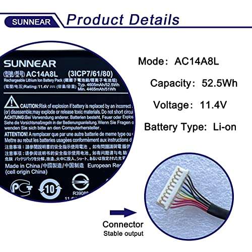 SUNNEAR AC14A8L Battery Replacement for ACER Aspire V15 Nitro VN7-571 VN7-571G VN7-591 VN7-591G VN7-572G V17 Nitro VN7-791G Series Laptop 3ICP7/61/80 11.4V 52.5Wh 4605mAh 2