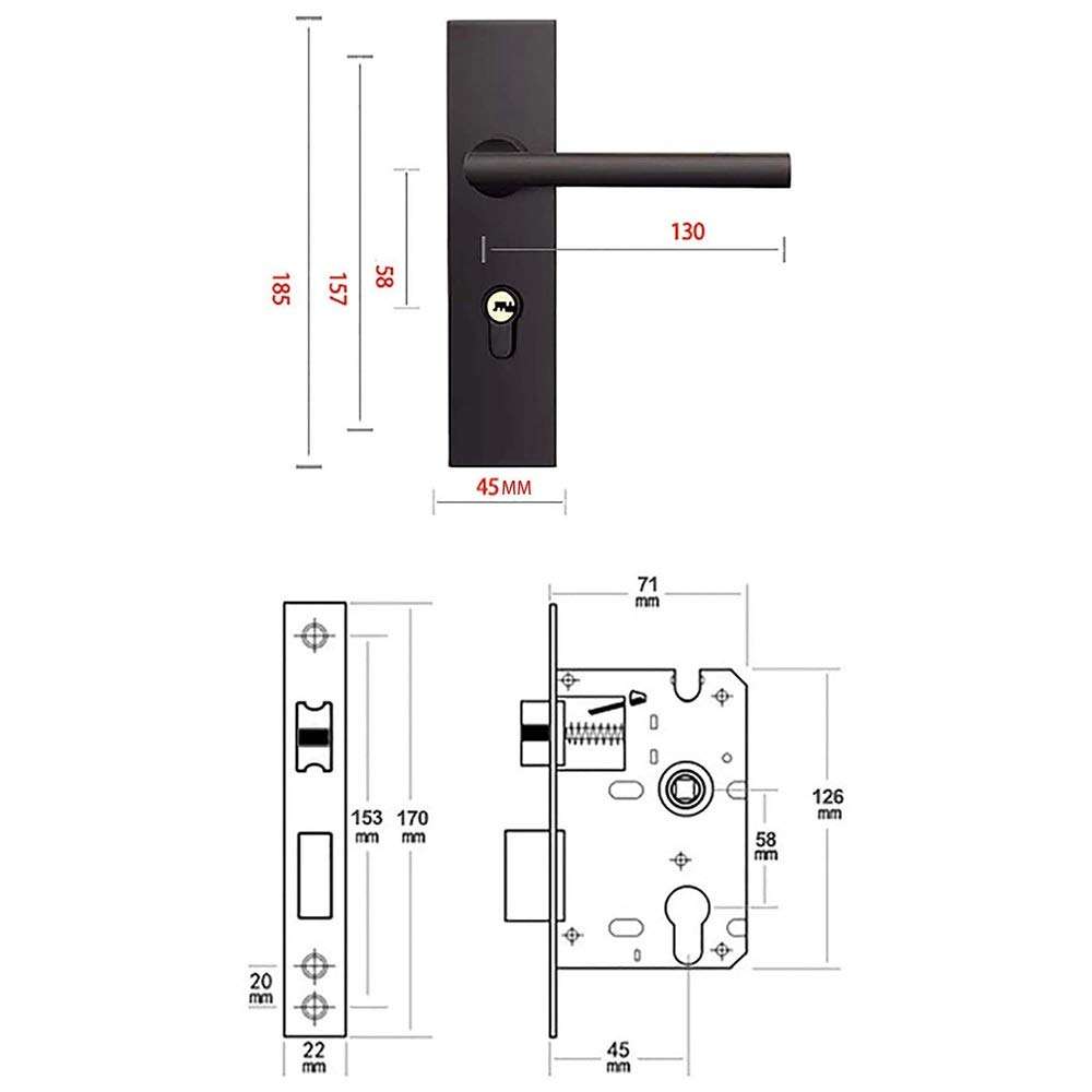 YH416 Entry Lever Door Handle and Single Cylinder Deadbolt Lock and Key Locking Lever Handle Set [Front Door or Office] Right & Left Sided Doors Heavy Duty – Iron Black Finish 2