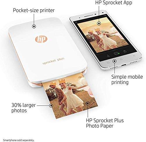 HP Sprocket Plus Instant Color Photo Printer, Print 30% Larger Photos on 2.3x3.4 Sticky-Backed Paper – White (2FR85A) 3