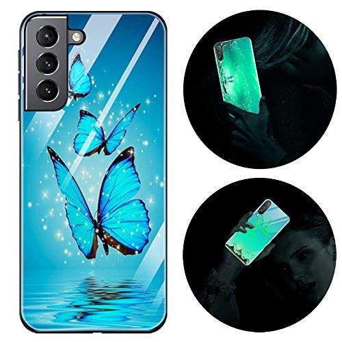 Leton-US Samsung Galaxy S21 Case Silicone Luminous Noctilucent 9H Tempered Glass Back Cover Soft Slim TPU Bumper Shockproof Phone Case for Samsung S21 5g Glow in Dark Butterfly 1