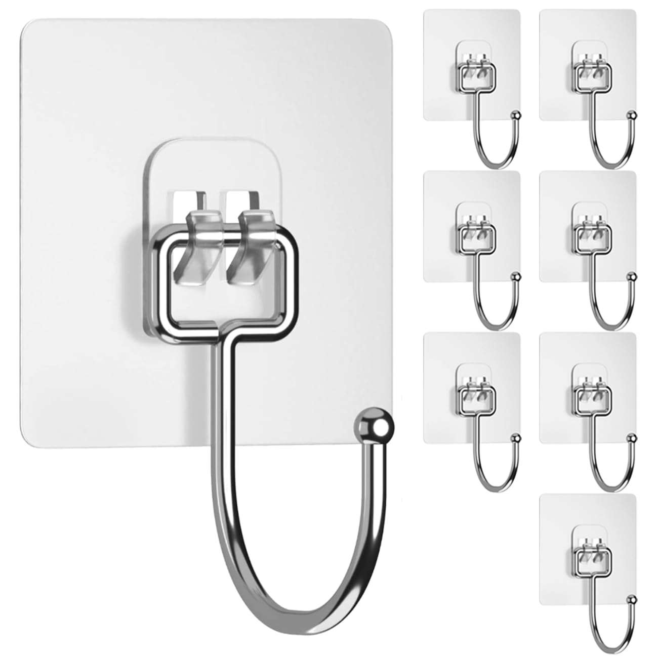 Yuraise 8-Pack Large Adhesive Wall Hooks for Hanging Heavy Duty 44lbs, Rustproof & Waterproof Hanging Hooks for Bathroom Kitchen Home, Bolded 304 Stainless Hangers for Keys Robe & Towel, Clear 1