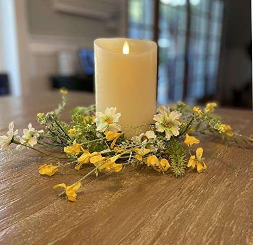 10 Inch Spring Daisy and Buttercup Candle Ring, Artificial Dried Floral Look Yellow and White Blossoms 3