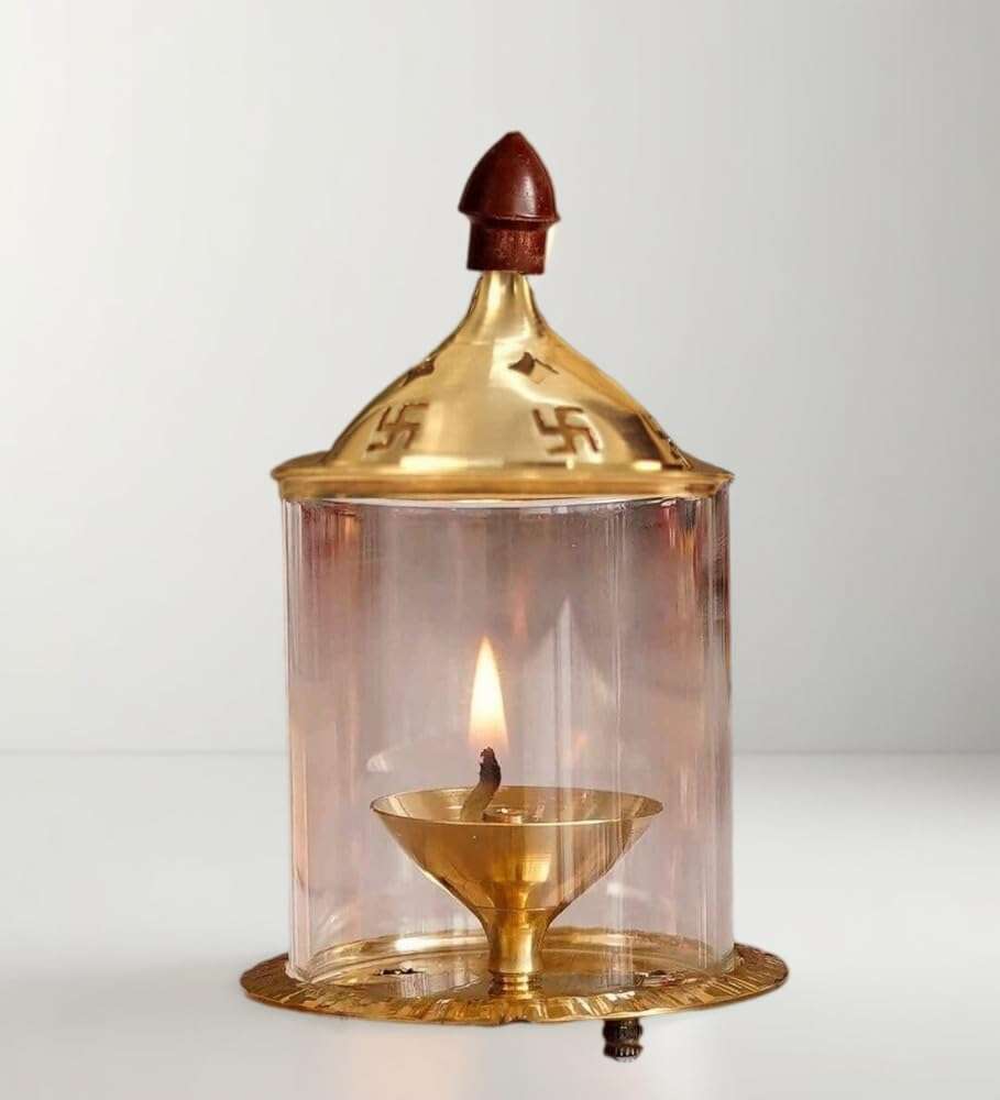 Heaven Decor Brass and Glass akhand deep Diya with Cover for Puja | Deepam Jyot Diya Oil Lamp | Pooja Articles and Pooja Items for Home Temple 4.8 inch 3