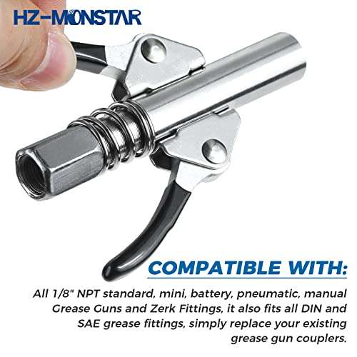 HZ-MONSTAR Grease Gun Coupler, 17000 PSI Double Handle Quick Lock Release Grease Tips Ends Couplers, Grease Gun Tip Grease Fittings Compatible with All Grease Guns 1/8" NPT Fittings Black 5