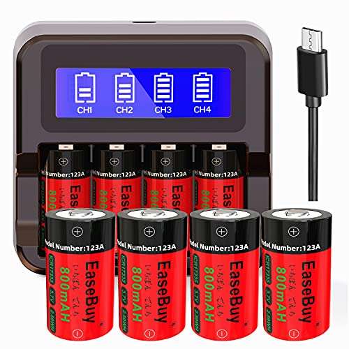 EaseBuy 8-Pack 800mAH 123A Rechargeable Batteries and CR123A Charger Compatible with Arlo VMS3130 VMC3030 VMK3200 VMS3330 3430 3530 Cameras, Flashlight