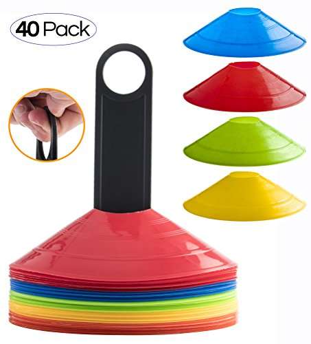 Prextex 40-Pack Soccer Cones w/Holder | Sports, Athletic, Football, Basketball, Soccer Training Equipment Flat Disc Cone | Safety Cones Drills, Kids Agility Practice, Game Coaching | Indoor&Outdoor 5
