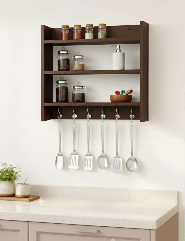 FireBees Wall Mounted Kitchen Organizer Rack Wooden with Hooks | Kitchen Shelf Storage Rack for Spices, Containers & Utensils | Wooden Kitchen Rack Wall Mounted | Kitchen Wall Storage Shelf 3