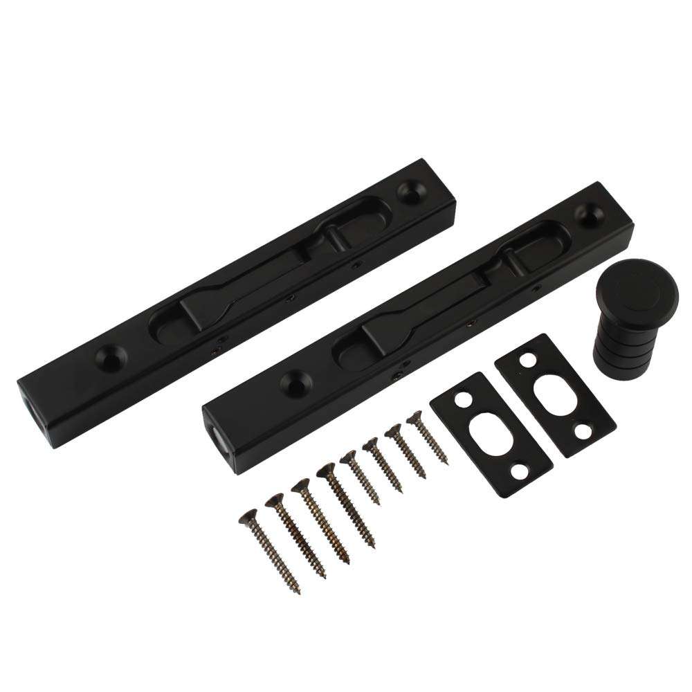 Hidden Latch & Bolt Black 304 Stainless Steel 6 inch(15cm) Security Door Bolt Latch, Spring Dust Plug, Double Door Lever Action Flush Bolt Latch, French Door Slide Bolt Lock, Black Finish(2-Pack) 4