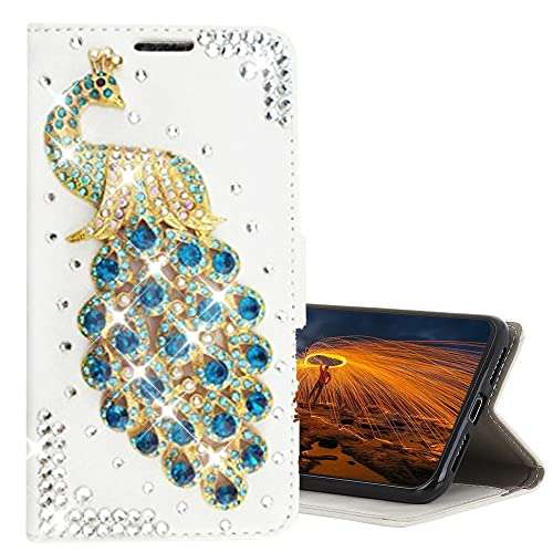 AS-Zeke Glitter Wallet Phone Case Compatible with Samsung Galaxy A32 5G 2021, 3D Handmade Peacock Rhinestone Crystal Bling Design Shell Cover Case with Screen Protector [2 Pack] - Green 2