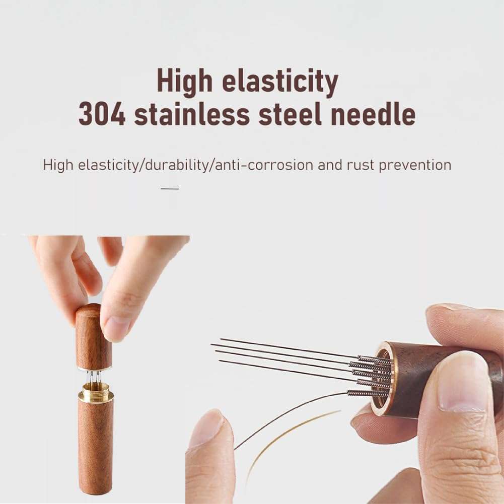 MATSON Coffee Stirrer,Espresso Distribution Tool Coffee Stirring Tool,Professional Barista Hand Needle Type Distribution Tool 5 Needles 0.4mm Natural Wood Handle and Stand 5