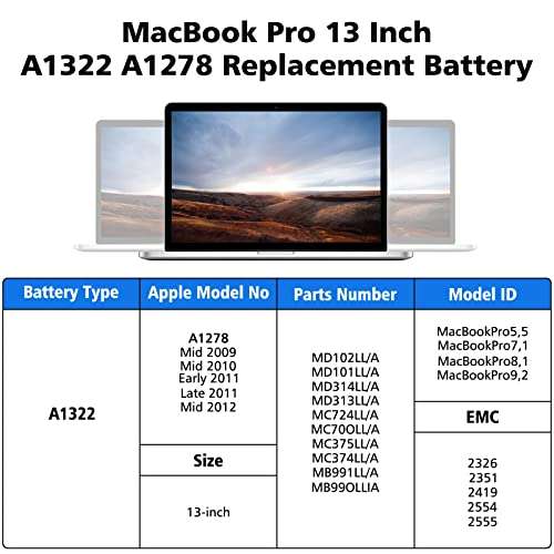 ELECBRAiN New Laptop Replacement Battery for A1278 A1322 [MacBook Pro 13 inch] - (Mid 2009, Mid 2010, Early 2011, Late 2011, Mid 2012), fit MB990LL/A MC724LL/A - [Li-Polymer 6-Cell 66.6Wh 11.1V] 5