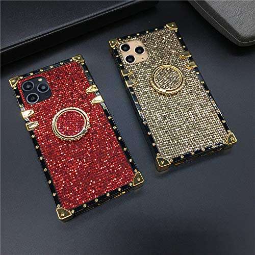 a20s for Samsung Galaxy A20S (not fit A20) Case,Fashion Design Bling Glitter Cute Gold Square Soft TPU Trunk Cover with Finger Ring Grip Kickstand for Man Women Girl Phone Skin,Red 4