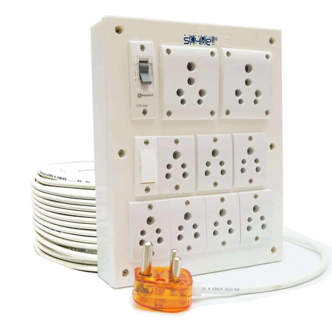 SKYWELL 16Amp-2 Outlet & 7Plug of 6Amp with MCB & Indicator Heavy Dute Extension Board with 1.5Sq MM 3Core Cable3 Meter