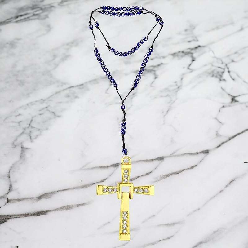 M Men Style Religious Lord Jesus Christ Crystal Cross Gold and Blue Catholic Rosary Beads Car Rearview Mirror Charm Car Dangler Ornament, Accessories, Gift SCrMa2024314 5