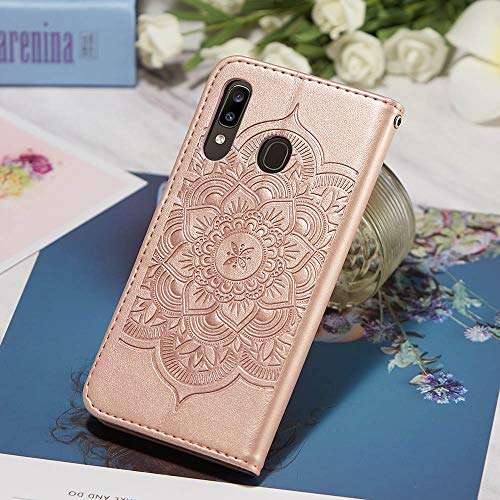 JanCalm Compatible with Samsung A20 Case,Galaxy A20 Case Wallet,Samsung A30 Case, Dream Catcher Pattern PU Leather [Wrist Strap][Card/Cash Slots] Stand Flip Cover for Girls Women (Rose Gold) 6