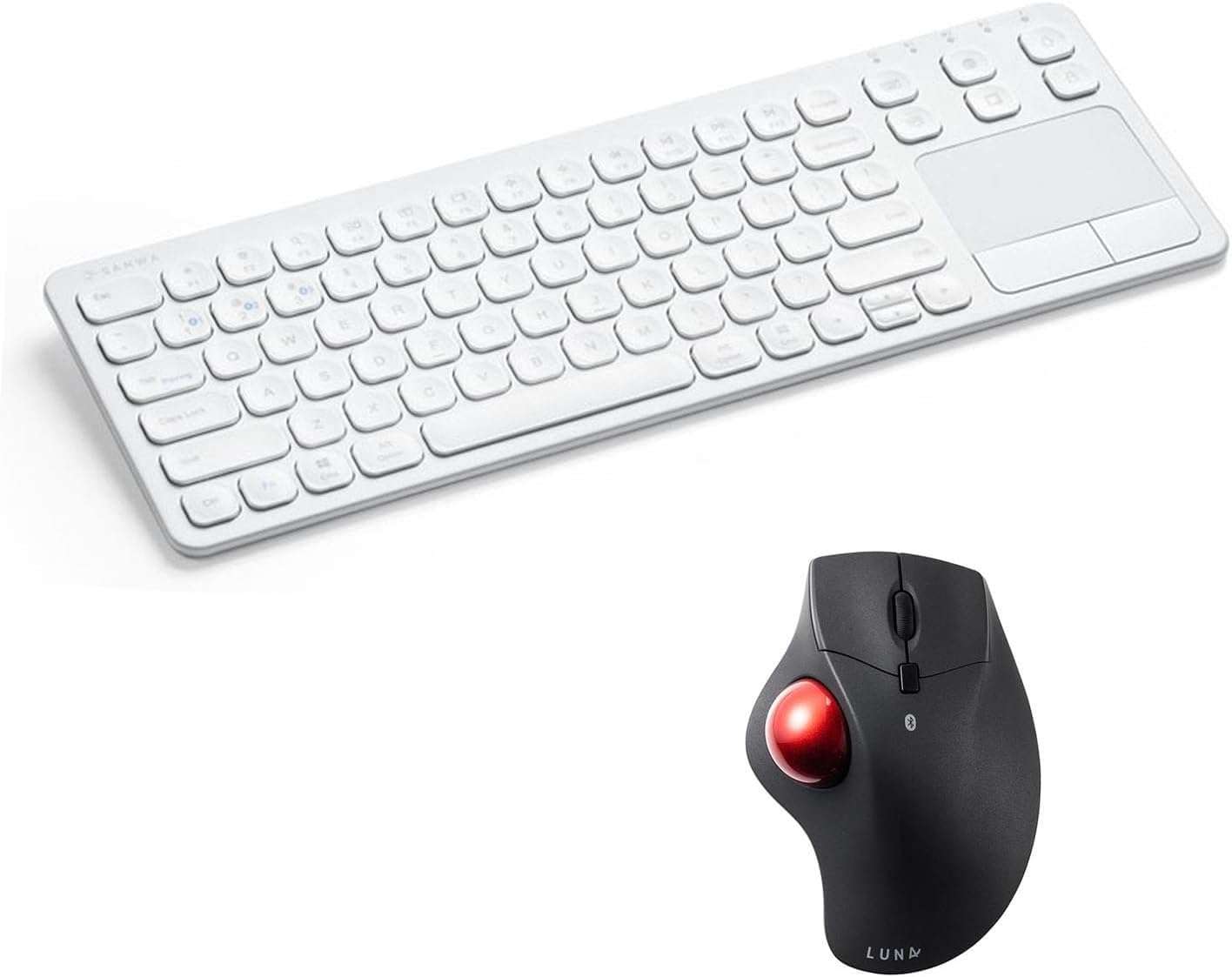 SANWA Bluetooth Trackball Mouse + 3-Device Bluetooth Keyboard with Touchpad set, Programmable Silent Rollerball Mice, 20 Shortcuts, Pantograph Keys Keyboard, Compatible with Mac, Windows, Laptop, iOS, 1