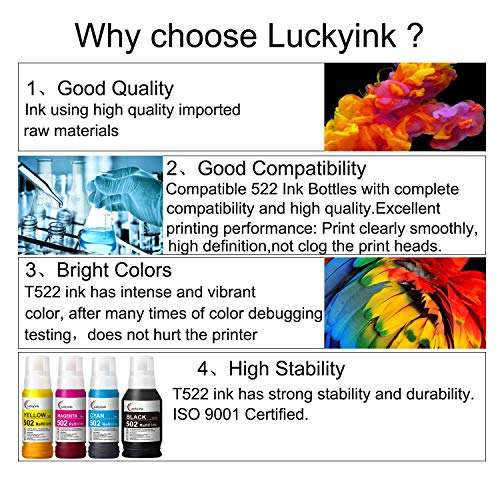 Luckyink Compatible 522 T522 Refill Ink Bottles Replacement for ET2720 ET2710 ET4700 Printer (Black/Cyan/Magenta/Yellow) 6