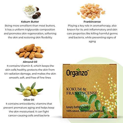 Organzo Organic Natural Hand Made Luxury Bathing Soap with Neem & Aloe Vera, Kokum Butter & Frankincense Chemical Free, Cold pressed Paraben Free SLS Free 100gm (Pack of 2) 4