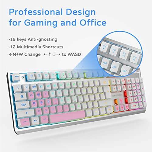Lumsburry White Gaming Keyboard, Rainbow LED Backlit,19 Anti-ghosting Keys, USB Wired, Metal Panel, Ergonomic 104 Keys, Multimedia Control, Water-Resistant, Full Size, for Windows PC Mac Office Gamer 5