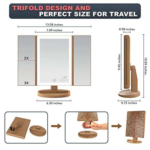 RoLeDo Makeup Mirror Vanity Mirror with Lights - 36 Led Trifold Mirror, Touch Screen Switch, 2x3x10x Magnification, 180° Rotation, Dual Power Supply, Portable Cosmetic Lighted Mirror (Leopard print) 6
