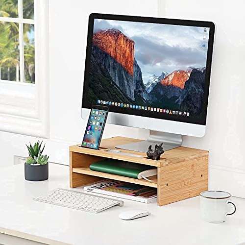 WELL WENG Monitor Stand Riser, 15.7 Inch Premium Bamboo Desk Shelf Organizer with Sliding Door (Natural) 2