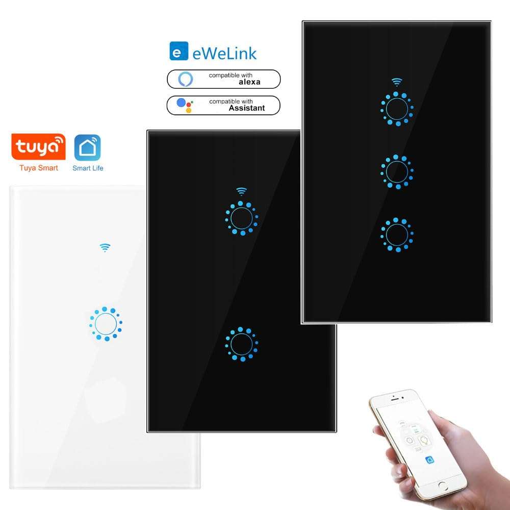 XJRJ WiFi Smart Light Wall Switch Tuya/Ewelink Interruptor Rectangle Touch Glass Panel Remote Control by Voice 1 Gang White Tuya 3