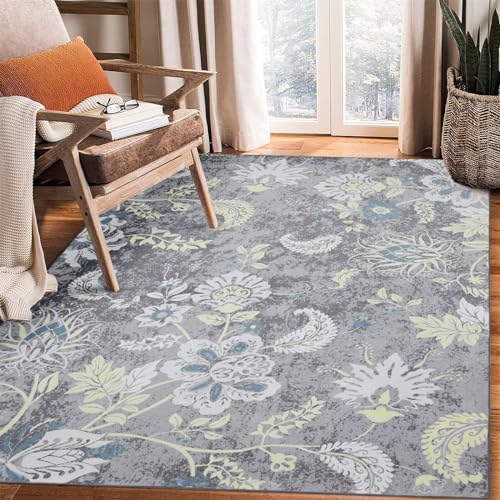 GlowSol Washable Rugs 5x7 Modern Floral Large Area Rug Abstract Rugs for Under Table Soft Non Slip Low Pile Hallway Rug Carpet for Living Room Modern Floral Abstract Throw Mat Farmhouse Rugs 5x7