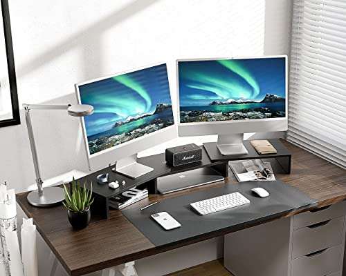 FITUEYES Dual Monitor Stand – 3 Shelf Computer Monitor Riser, Wood Desktop Stand with Adjustable Length and Angle, Desk Accessories, Office Supplies Medium Black, DT108008WW 3