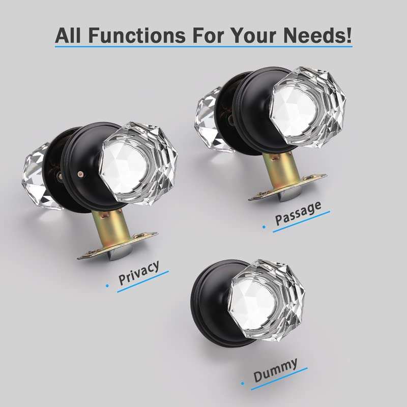 KNOBWELL 1 Pack Modern Globe Crystal Door Knobs with Lock, Frosted Glass Design, Privacy Function for Bed and Bath, Matte Black 6