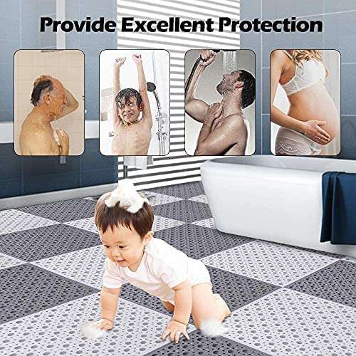 Stibnite Bath Mat, Interlocking Soft PVC Floor Tile Mat Square DIY Mat 12 x12 Inch, with Suction Cups, Massage Design and Drain Holes for Kitchen Bathroom Shower Pool Balcony (12) (12 x 12 inch, 12) 5