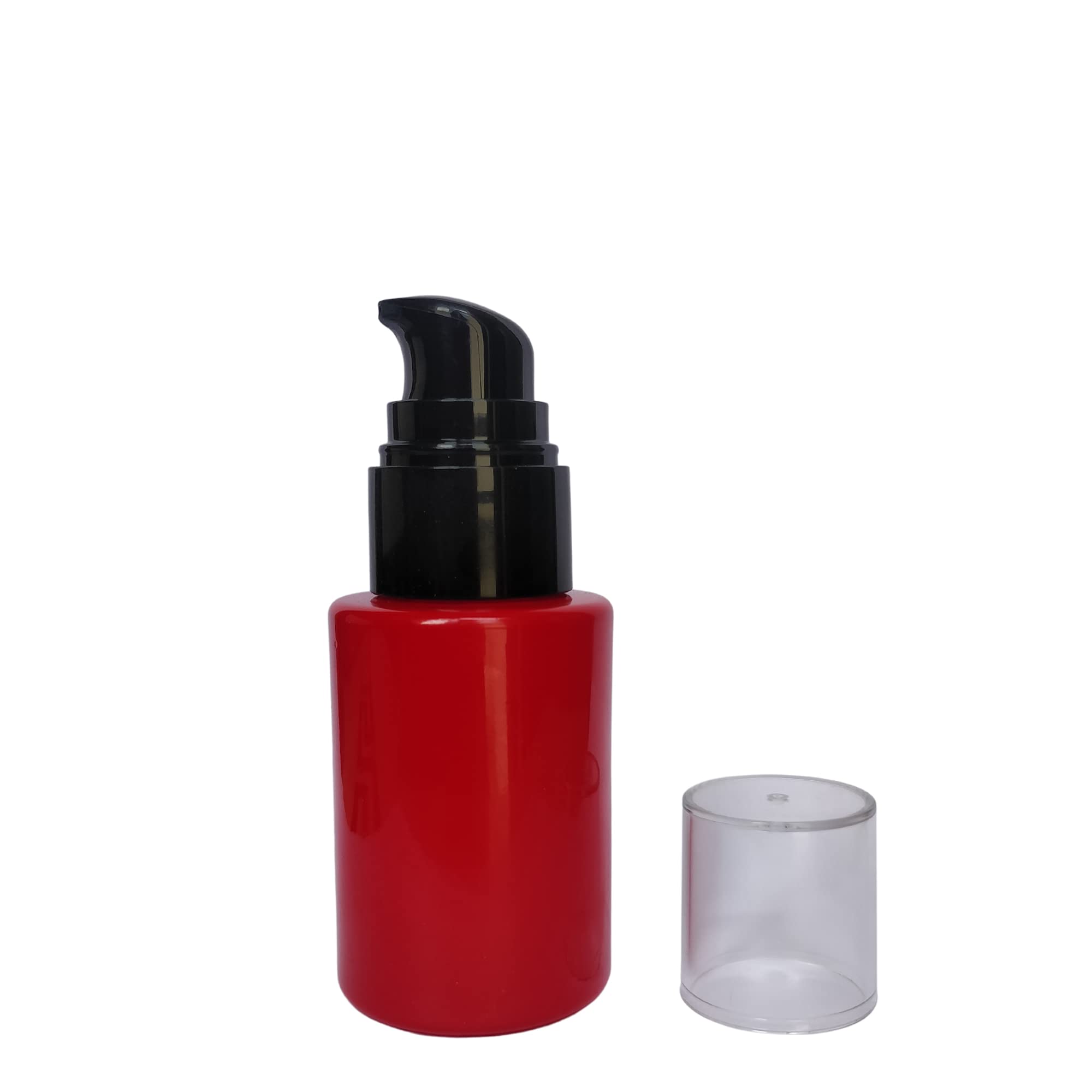 Devinez Multipurpose Premium Flat Shoulder Red Color Round Glass Bottle, 30 ml with Lotion Pump with Cap (Pack of 4), for Serum, Essential Oils, Blends, Skin Care, Travel, Toners, Cosmetic & DIY 3