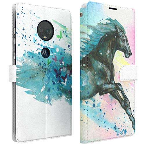 Mertak Wallet Case Compatible with Motorola Moto G8 Play Plus Power G7 One Folio Slim Fit Art Horse Running Stallion Flip Painting Watercolor Animal Lightweight Cover Card Holder Magnetic 1