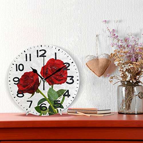 Naanle 3D Beautiful Couple Red Rose Flower Round Wall Clock, 9.5 Inch Battery Operated Quartz Analog Quiet Desk Clock for Home,Office,School 2