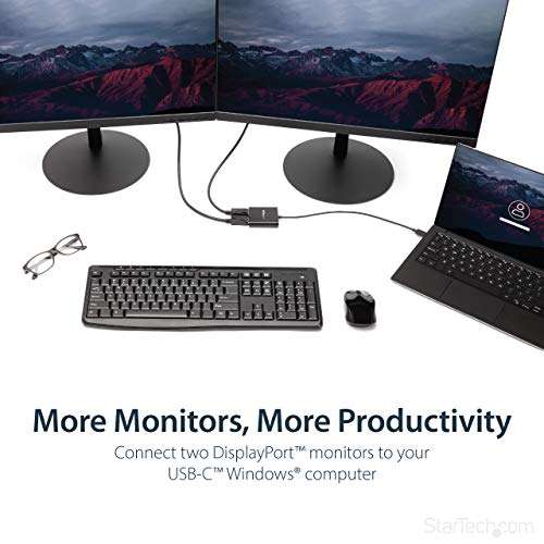 StarTech.com USB-C to Dual DisplayPort 1.2 Adapter, USB Type-C Multi-Monitor MST Hub, Dual 4K 30Hz/1080p 60Hz DP Laptop Display Extender / Splitter, Extra-Long Built-In Cable, Windows (MSTCDP122DP) 2