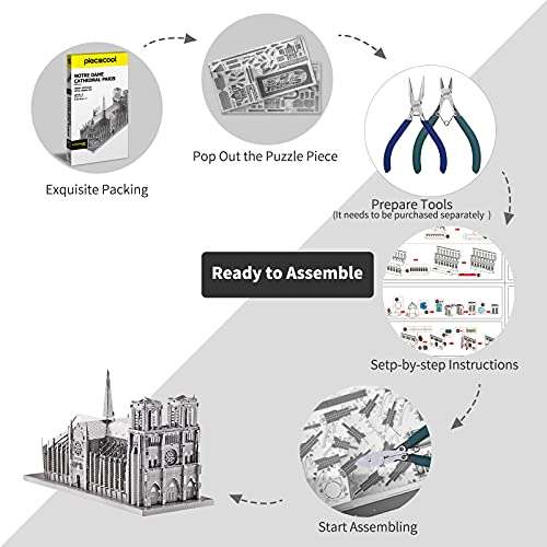Piececool 3D Metal Puzzle for Adults, Gold Notre Dame De Paris Church Metal Model Kit, French Cathedral Architecture Building Kits, Great Birthday 114 Pcs 3