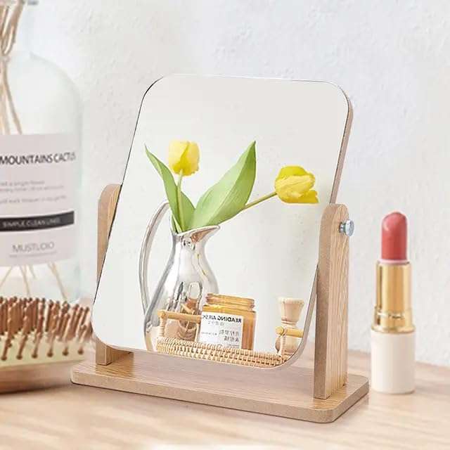 CRAVILA Wooden Tabletop Makeup Mirror 360 Degree Portable Adjustable Table Desk Mirror Vanity Make up Bathroom Living Room Shave Make up Mirror Big 3