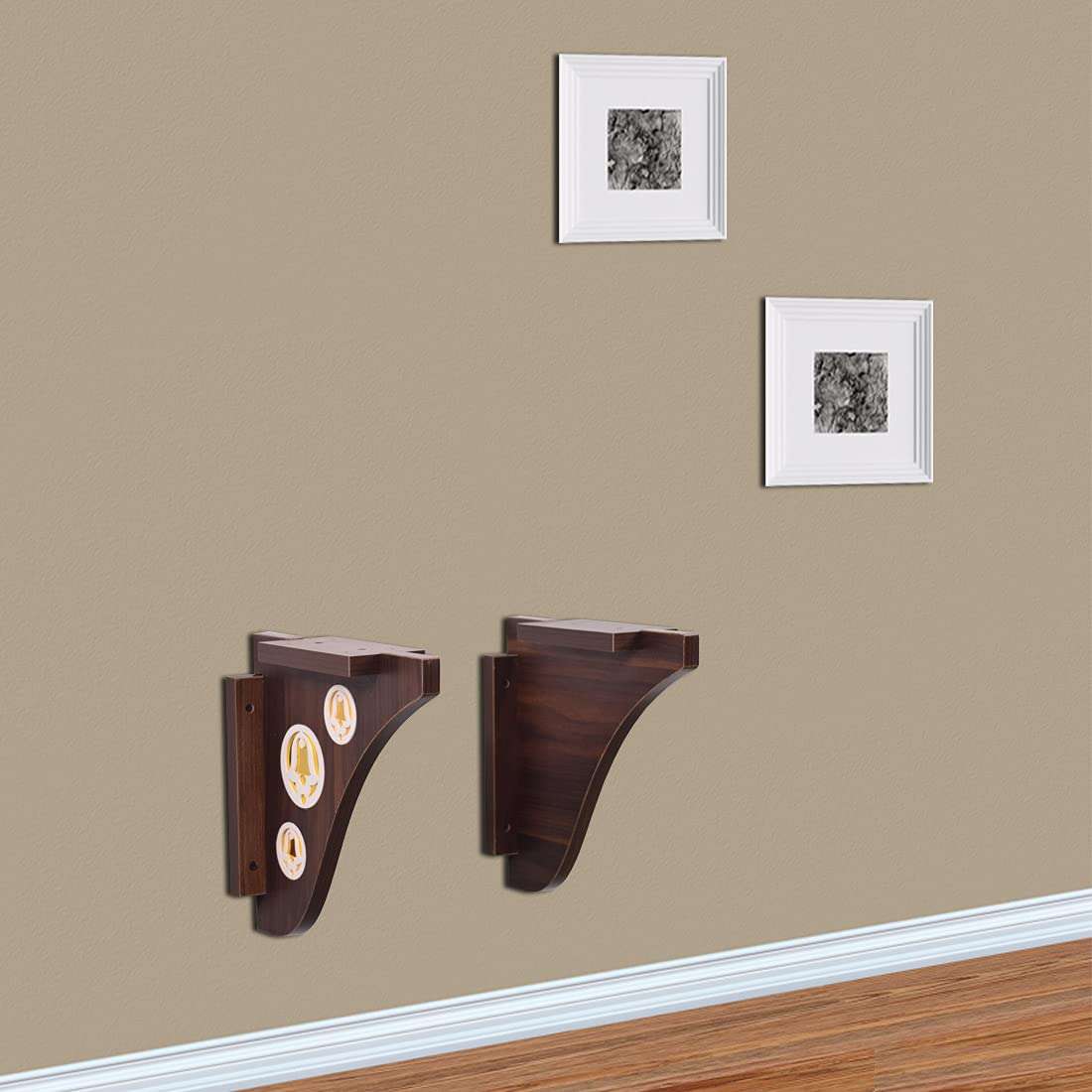 Wall Hanging Decorative Wooden Brackets In Walnut Colour With Bell Design 1