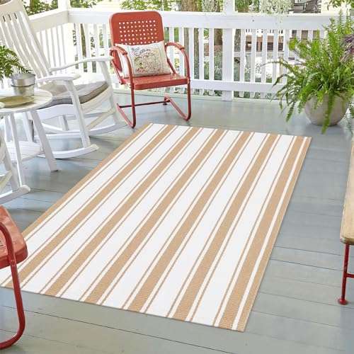 LEEVAN Washable Area Rug 3x5, Reversible Striped Outdoor Rug Tan, Low Profile Small Patio Rug Door Mat Indoor, Cotton Woven Backyard Mats, Non-Shedding Front Porch Deck Floor Carpet 2